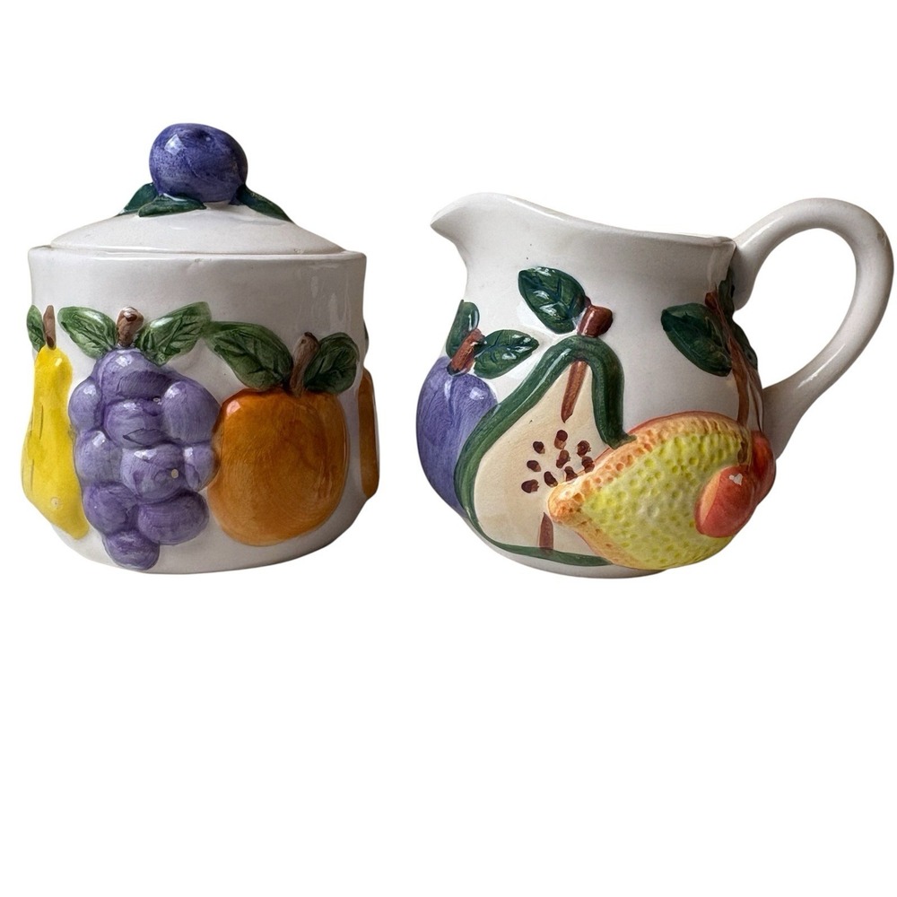 Vintage 3D Fruit Glazed‎ Ceramic Creamer & Sugar Bowl Lidded Dish